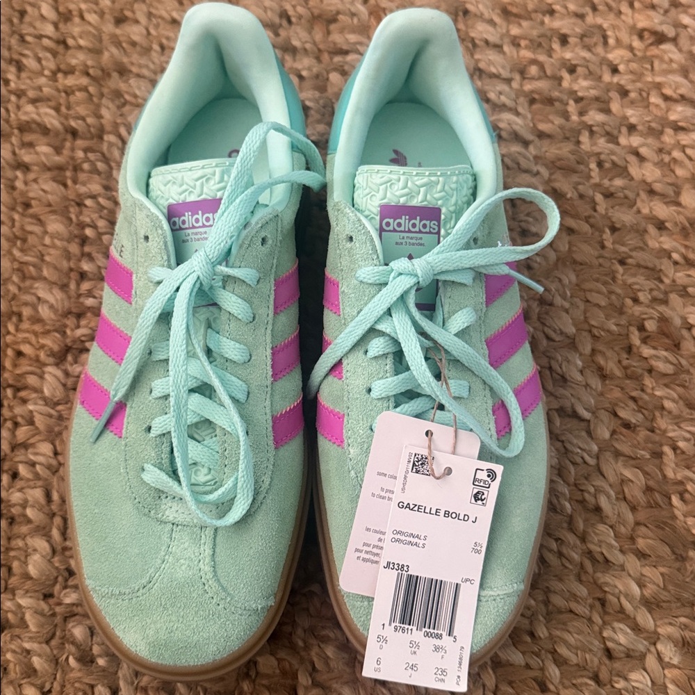 NEW adidas Gazelle Platform Sneaker in light Mint Green & magenta pink purple - Picture 5 of 11